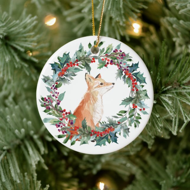 Vattenfärgskjul jul med skogsräv julgransprydnad keramik (Träd)