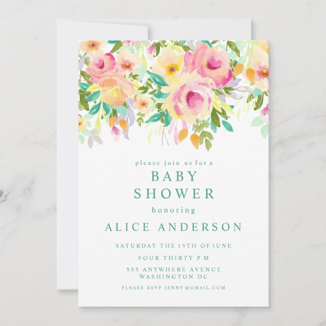 Vattenfärgskläder Blommigt Trädgårdsbabyskor Inbju Inbjudningar (Framsida)