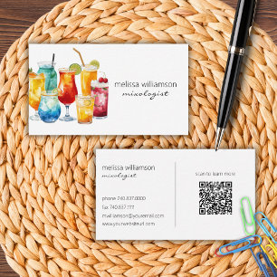 Vattenfärgskocktail med QR-kod Visitkort