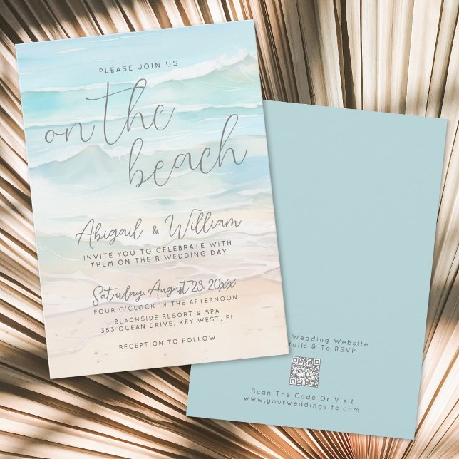 Vattenfärgskod QR-kod på Beach-bröllopet Inbjudningar (Watercolor QR Code On The Beach Wedding Invitation)