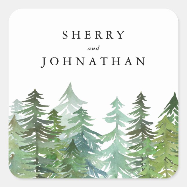 Vattenfärgskog bröllop fyrkantigt klistermärke (Framsida)