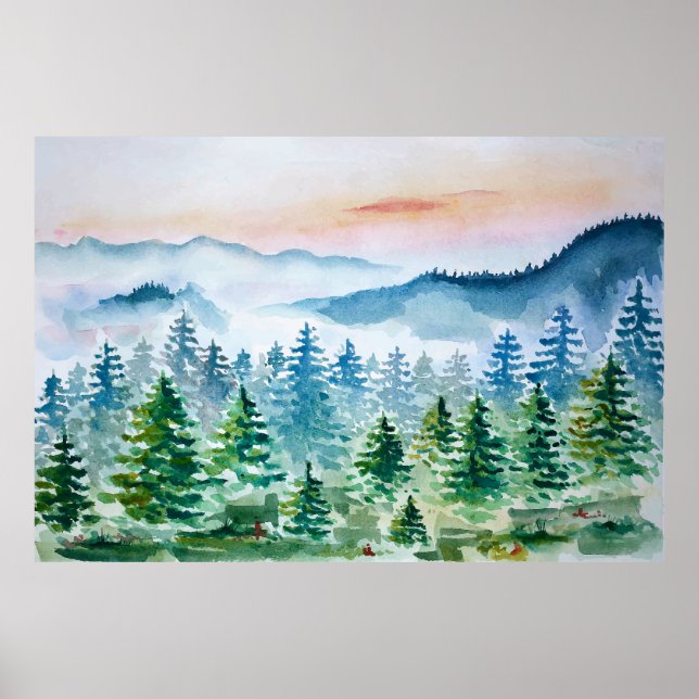 Vattenfärgskog och berg poster (Framsidan)