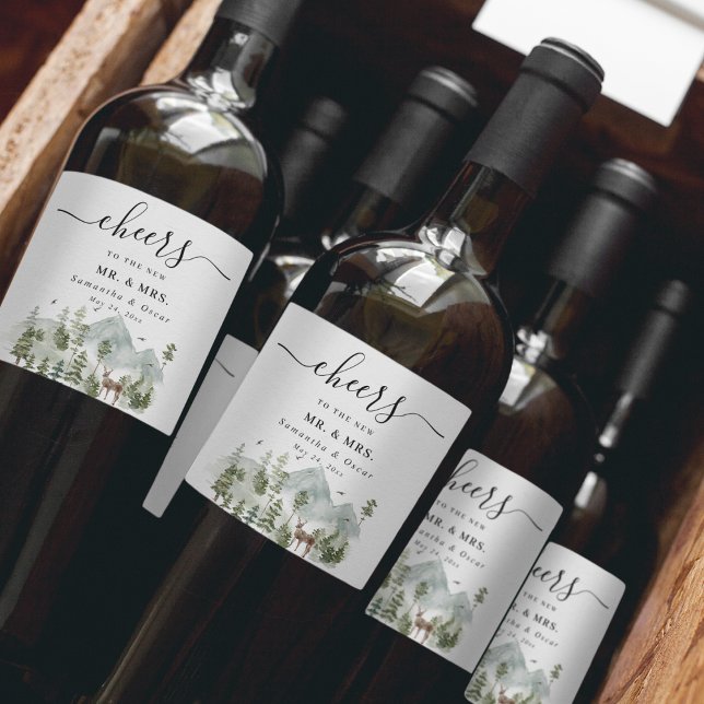 Vattenfärgskog | Träd och Hjort | Vinflaska Etikett (Skapare uppladdad)