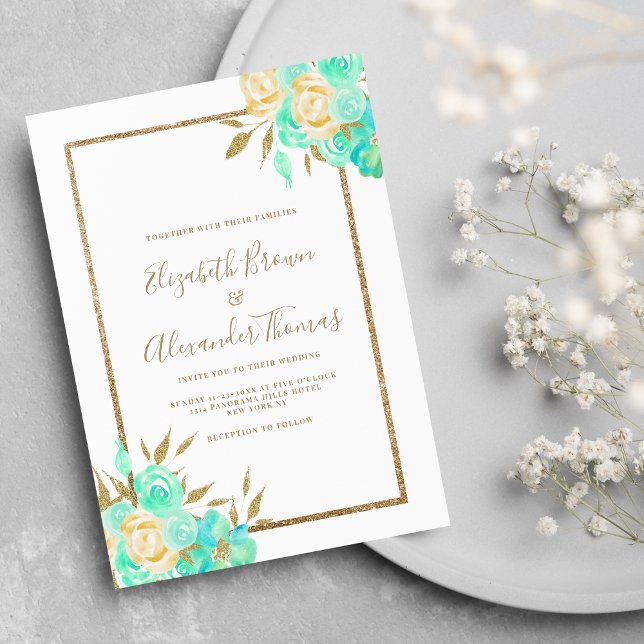 Vattenfärgsköldpaddor guld glitter blommigt bröllo inbjudningar (Watercolor turquoise gold glitter floral wedding)