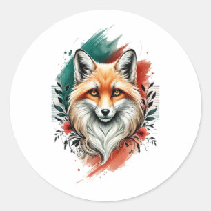 Vattenfärgskonst - Elegant Mystic Fox-etikett Runt Klistermärke