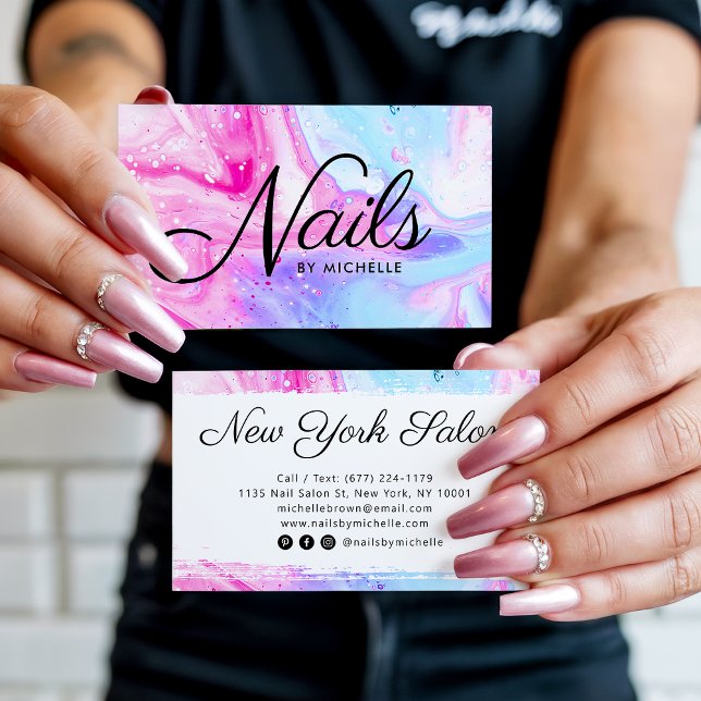 Vattenfärgskonst för rosa (blått abstrakt) visitkort (Nail salon pink blue girly abstract watercolor art)