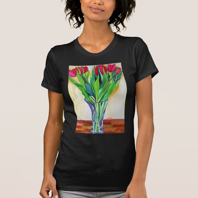 Vattenfärgskonst för rosa och röda tulpaner tee shirt (Framsida)