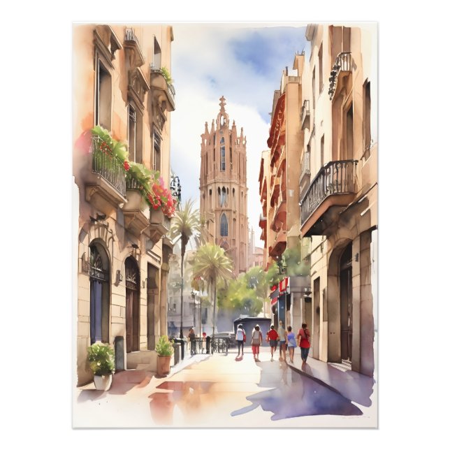 Vattenfärgskonst i Barcelona Fototryck (Framsidan)