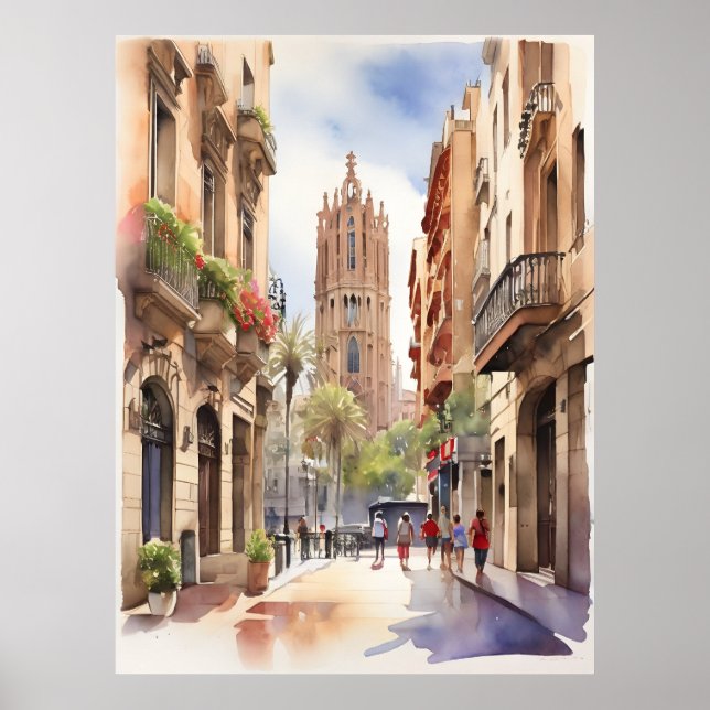 Vattenfärgskonst i Barcelona Poster (Framsidan)
