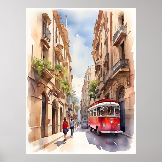 Vattenfärgskonst i Barcelona Poster (Framsidan)