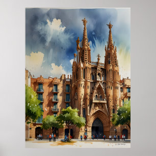 Vattenfärgskonst i Barcelona Poster