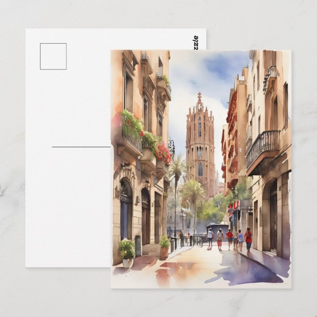 Vattenfärgskonst i Barcelona Vykort (Fram/baksida)