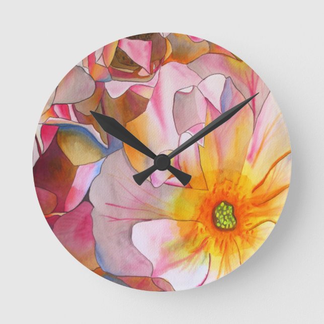 Vattenfärgskonst i Cornelia pastel rosa ros Rund Klocka (Framsida)