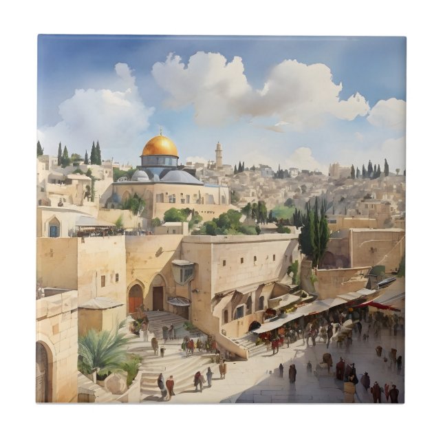Vattenfärgskonst i Jerusalem Israel Kakelplatta (Framsidan)