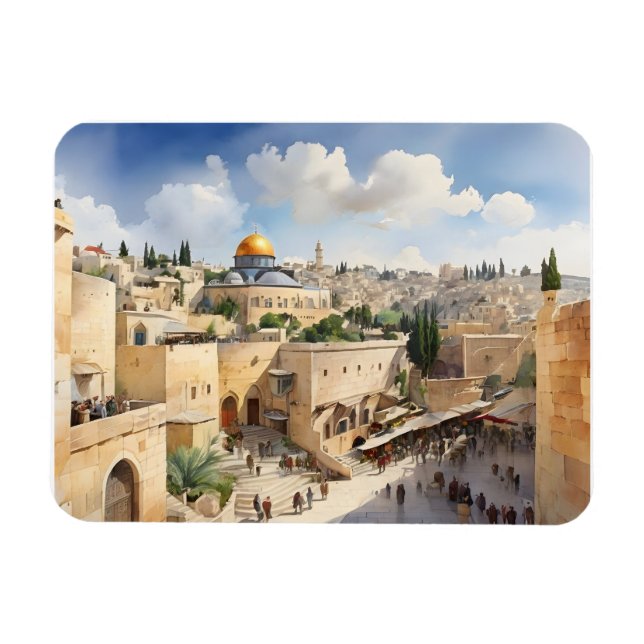 Vattenfärgskonst i Jerusalem Israel Magnet (Horisontell)