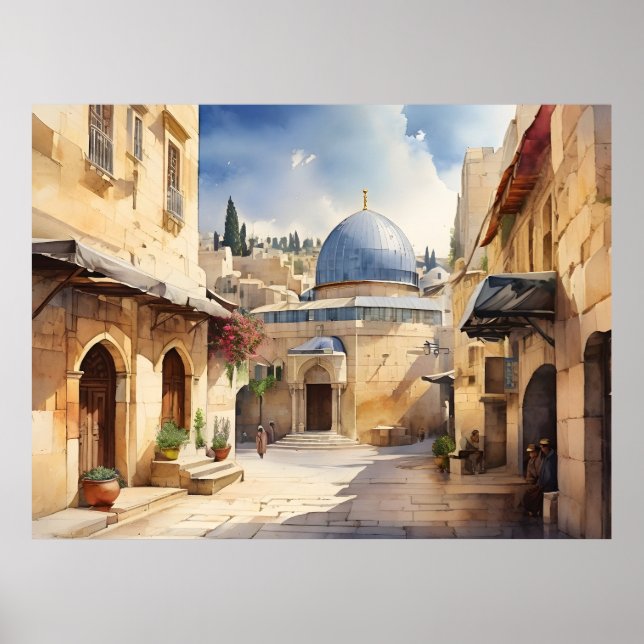 Vattenfärgskonst i Jerusalem Israel Poster (Framsidan)