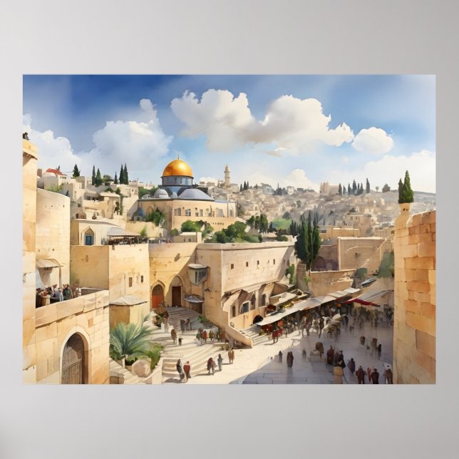 Vattenfärgskonst i Jerusalem Israel Poster (Framsidan)