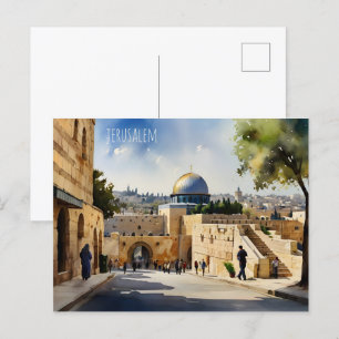 Vattenfärgskonst i Jerusalem Israel Vykort
