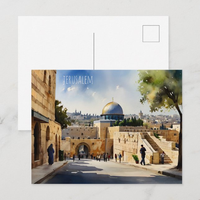 Vattenfärgskonst i Jerusalem Israel Vykort (Fram/baksida)