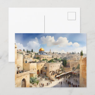 Vattenfärgskonst i Jerusalem Israel Vykort