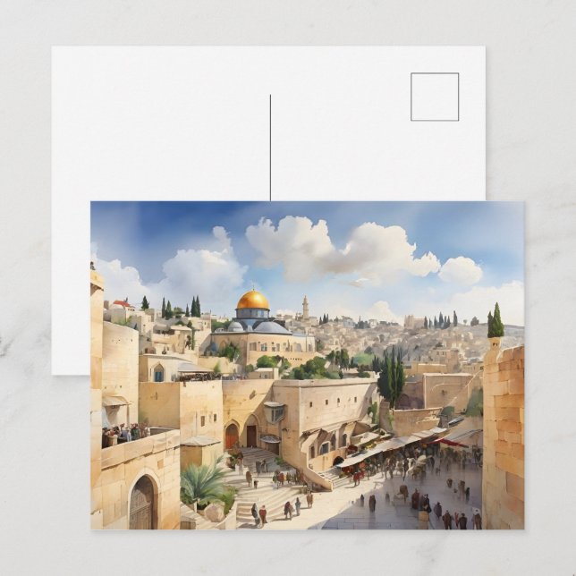 Vattenfärgskonst i Jerusalem Israel Vykort (Fram/baksida)