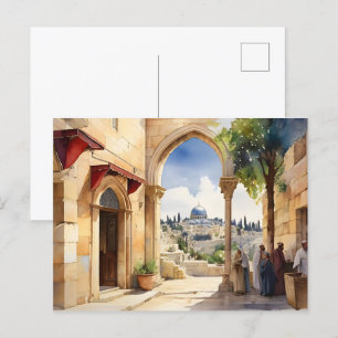 Vattenfärgskonst i Jerusalem Israel Vykort