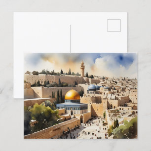 Vattenfärgskonst i Jerusalem Israel Vykort