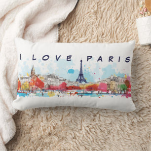 Vattenfärgskonst i kärlek Paris Eiffel Torn Travel Lumbarkudde