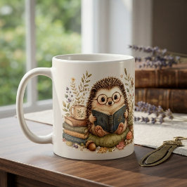 Vattenfärgskonst med läsande igelkott kaffemugg