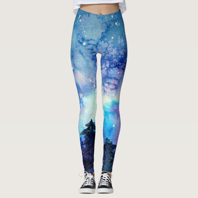 Vattenfärgskonst: Nattan Himlar Träd Leggings (Framsida)