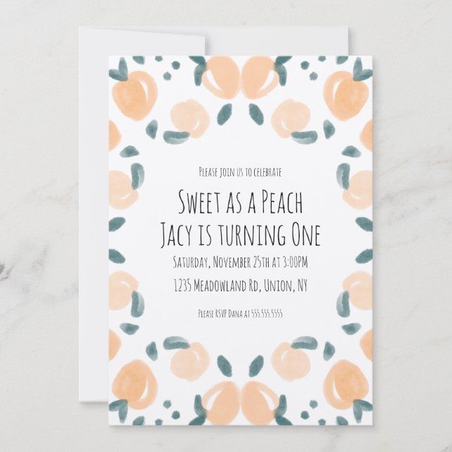 Vattenfärgskonst Peach Frukt Födelsedagsfest Gräns Kort (Framsida)