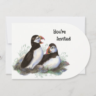 Vattenfärgskonst Puffin Bird Födelsedagsfest Inbjudningar