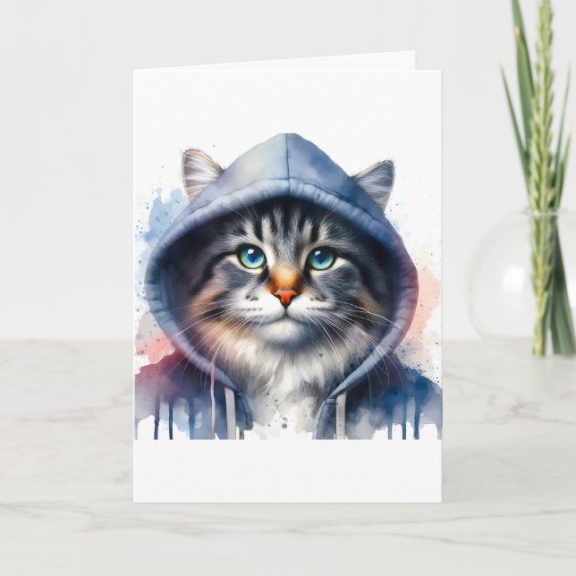 Vattenfärgskonst Tabby Katt i Hoodie Fläck Kort (Framsida)