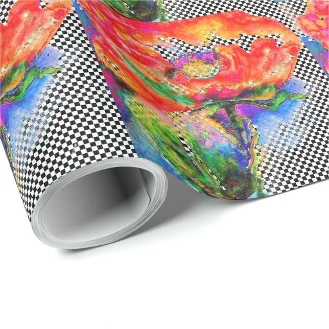 Vattenfärgskontroll för elegant röd vallmoröd blom presentpapper (Rullad Hörn)