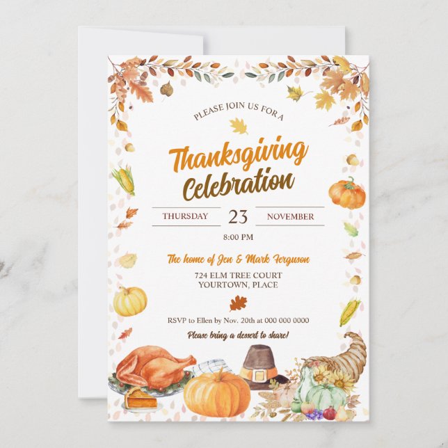Vattenfärgskontroll Thanksgivingfirande Inbjudningar (Framsida)