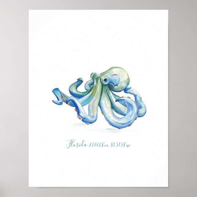 Vattenfärgskoordinater för Blue Octopus Karta Poster (Framsidan)