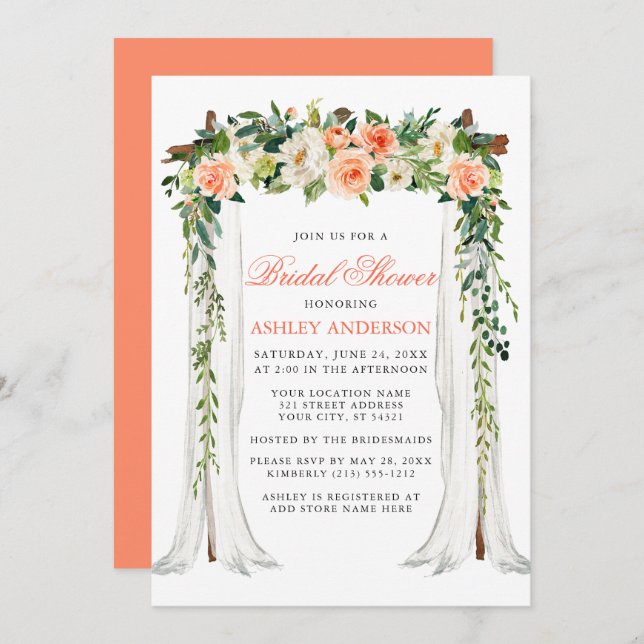 Vattenfärgskoral, Blommigt Canopy, Möhippa Inbjudningar (Fram/baksida)