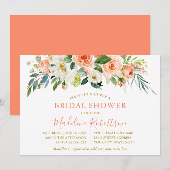 Vattenfärgskoral Blommigt Guld Möhippa Inbjudningar (Fram/baksida)