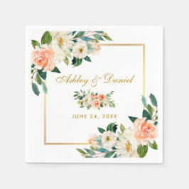 Vattenfärgskoral Blommigt Guld Ram Bröllop Pappersservett