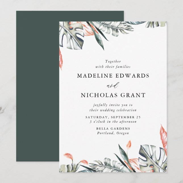 Vattenfärgskoral och Grönt Tropical Löv Bröllop Inbjudningar (Fram/baksida)