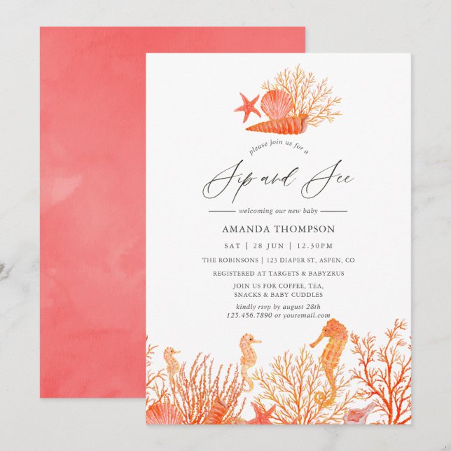 Vattenfärgskoral under havssidan och se inbjudningar (Fram/baksida)