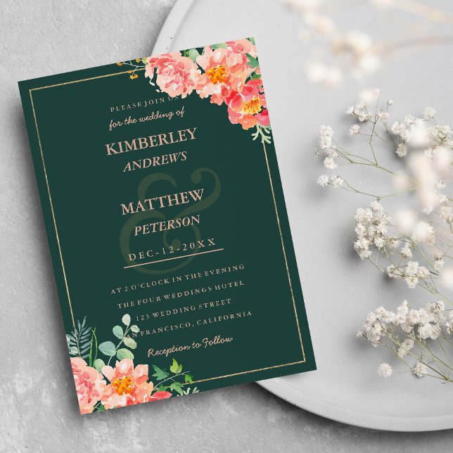 Vattenfärgskorall rosa grönt guld blommigt Bröllop Inbjudningar (Watercolor pink coral green gold floral Wedding Invitation )