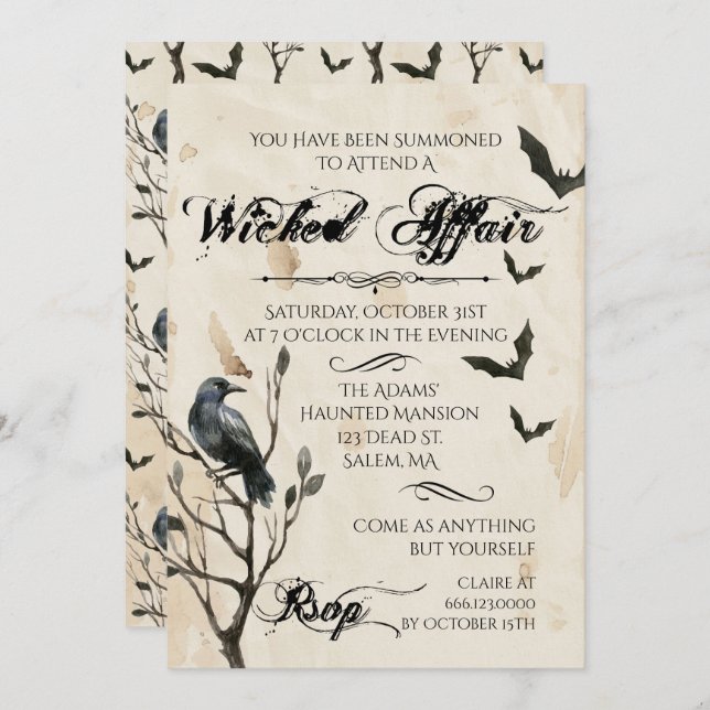 Vattenfärgskorpen & fladdermöss Halloween-fest Inbjudningar (Fram/baksida)
