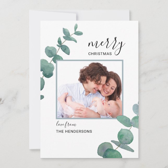 Vattenfärgskort Eucalyptus Photo Chrismas Helgdag  Julkort (Framsida)