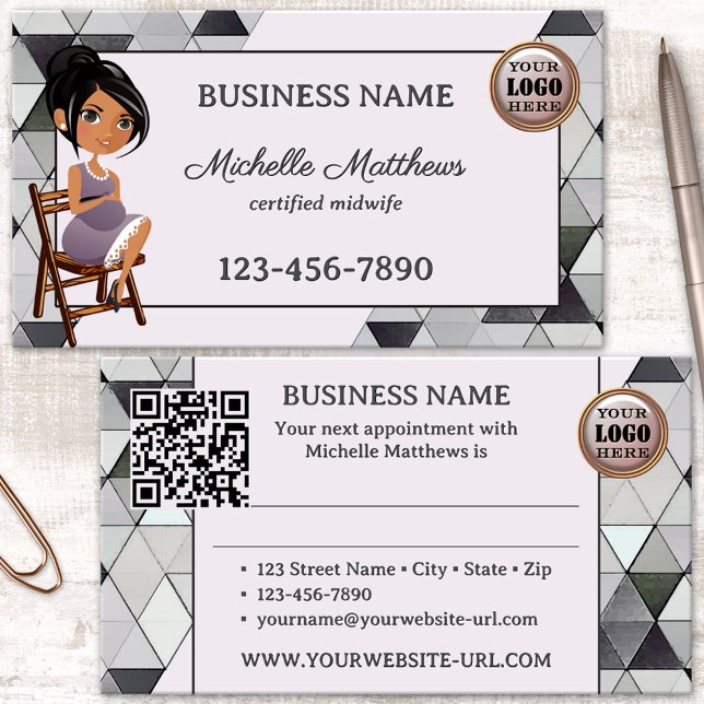 Vattenfärgskort för barnmorskemöte tidsbeställning kort (Business card for a midwife or doula featuring a watercolor triangle pattern and a pregnant woman)