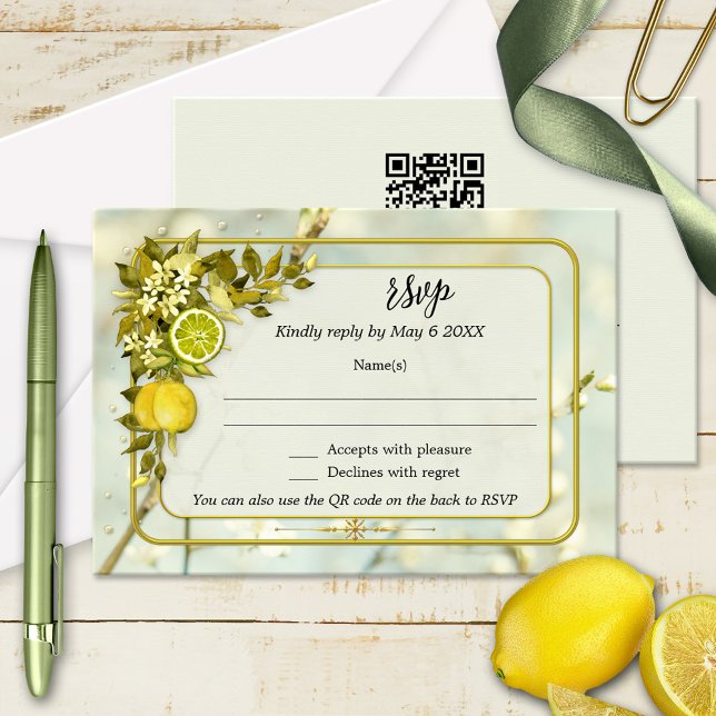 Vattenfärgskort för Citrus Orchard-Bröllop OSA Inbjudningar (Wedding RSVP card featuring a watercolor painting of lemon citrus fruits and leaves with flowers)