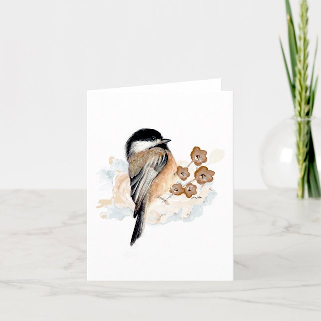 Vattenfärgskort för mesar anteckningskort (Chickadee watercolor note card by Jenn Steffen Art)