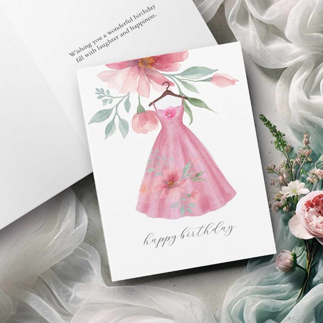Vattenfärgskort Grattis på födelsedagen Tack Kort (Greeting cards happy birthday pink floral dress watercolor art Victoria Grigaliunas DoTellABelle)