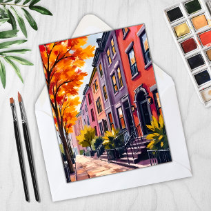 Vattenfärgskort med Boston Brownstones Massachuset
