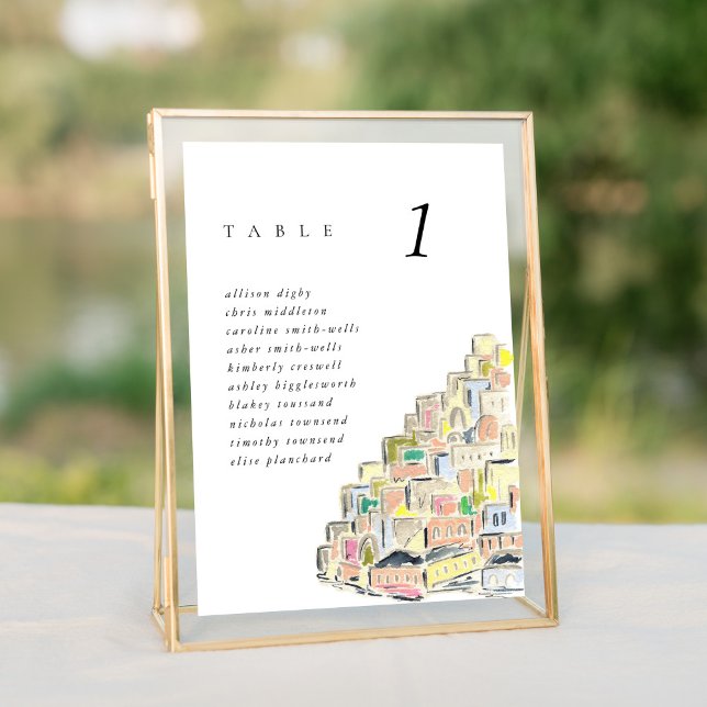 Vattenfärgskort Positano Italien 5 x 7 tum Bröllop (Watercolor Positano Italy destination wedding table number sign.)
